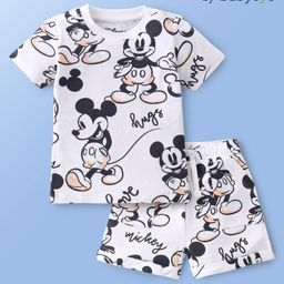 Babyoye Disney Interlock Knit Half Sleeve T-Shirt and Mid Length Shorts with Mickey Mouse Print- White-image-49
