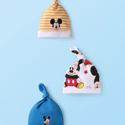 Babyhug Disney Interlock Knit Caps With Mickey Mouse Graphics Pack of 3 - Red Blue & White-image-89