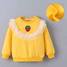 Kookie Kids Full Sleeves Top With Strawberry Embroidery & Frill Detailing - Yellow-image-79