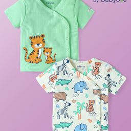 Babyoye 100% Cotton With Eco Jiva Finish Half Sleeves Front Open Vests Animal Print Pack of 2 - Green-picture-24