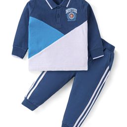 Babyhug Single Jersey Knit Full Sleeves Cut & Sew Embroidered Collared T-Shirt & Jogger with Tape Detailing - Blue &White-image-91