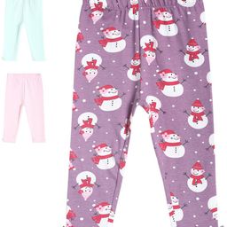MINI KLUB Cotton Pack Of 3 Solid & Snowman Printed Leggings - Multi Colour-image-89