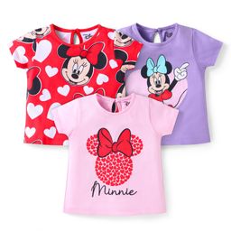 Babyhug Disney Single Jersey Knit Half Sleeve Tops with Minnie Mouse Graphics Pack of 3-Red Pink & Purple-image-12