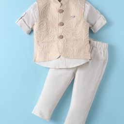 JASH KIDS Cotton Woven Full Sleeves 3 Piece Party Suit With Embroidery Detailing - Beige-image-14
