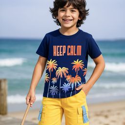 OLLINGTON ST. 100% Cotton Knit Half Sleeves Coconut Tree Printed T-Shirt & Shorts Set - Navy Blue & Yellow-image-58
