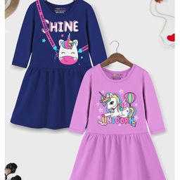 Trampoline Pack Of 2 Three Fourth Sleeves Shine & Unicorn Text Printed Dress - Purple & Blue-image-61