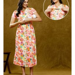 True Shape Half Sleeves Abstract Printed Knitted Zipless Maternity Dress With Two Layer Lift Nursing Access - Orange-image-74