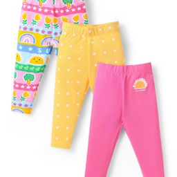 Babyhug Cotton Lycra Knit Full Length Leggings with Polka Dots & Sun Print Pack of 3 - Yellow & Pink-image-98