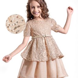 Hola Bonita Knit Half Puffed Sleeves Party Dress with Sequin Detailing - Golden Tan-image-39