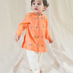 Tiber Taber 100% Chanderi Cotton Full Sleeves Peacock Embroidered Kurta With Pyjama Set - Orange-picture-20