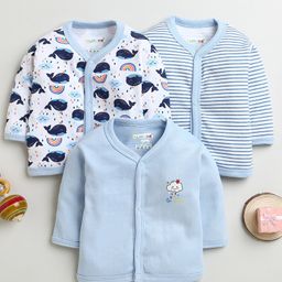 BUMZEE Cotton Knit Full Sleeves Stripes & Whale Printed Jhablas Pack Of 3 - Light Blue & White-image-1