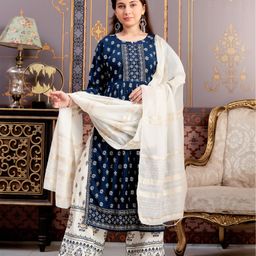 Aarika Rayon Three Fourth Sleeves Floral Printed Kurta Palazzo With Dupatta Set - Teal Blue & Off White-image-87