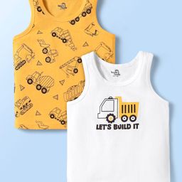 Doodle Poodle 100% Cotton Single Jersey Knit Sleeveless Vests With Vehicle Print Pack Of 2 - Yellow & White-image-56