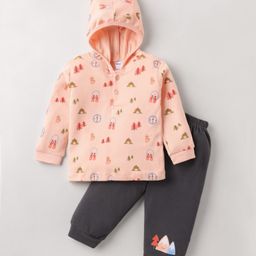 Tango Interlock Knit Full Sleeves Printed Hooded Sweatshirt & Lounge Pant - Peach & Grey-picture-4