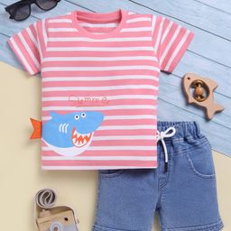 TOONYPORT Cotton Half Sleeves Striped & Shark Printed Tee With Shorts Set - Pink-image-27