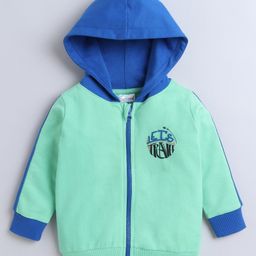 BUMZEE Fleece Knit Full Sleeves Text Printed Hooded Sweatjacket - Sea Green & Blue-image-100