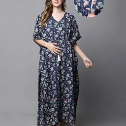 Secret Wish Rayon Woven Half Batwing Sleeves Floral Printed Maternity Kaftan Nighty With Side Zipper Nursing Access - Navy Blue-image-72