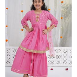 Little Bansi Silk Woven Three Fourth Sleeves Sequins Embellished Floral Designed Kurti Sharara With Dupatta Set - Cranberry Pink-image-90