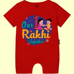 The Peppy Tend 100% Cotton Knit Rakshabandhan Theme Half Sleeves Our 1st Rakhi Together Text Printed Romper - Red-image-94