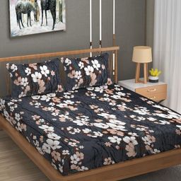YaAkholic Grey & White Floral 210 TC King Velvet Fitted Bedsheet Set- 1.9 M x 1.8 M-image-60