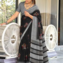 PEENGAX Warli Kalamkari Printed Ikat Pure Cotton Saree-image-65