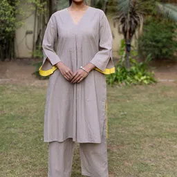 INAAYA JAIPUR Embroidered V-Neck Pure Cotton Tunic With Trousers-image-53