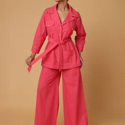 Blanc9 Women Pink Shirt & Trousers With Contrast Thread Co-Ord Set-picture-14