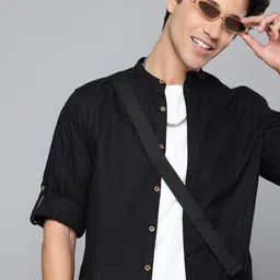 Aeropostale Geometric Self Design Band Collar Roll-Up Sleeves Pure Cotton Casual Shirt-image-51