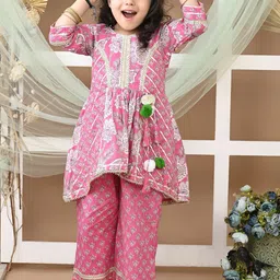 LIL PITAARA Girls Floral Printed Regular Gotta Patti Pure Cotton Kurti with Palazzos-picture-29