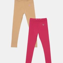 TWIN BIRDS Kids Pink & Beige Cotton Regular Fit Leggings (Pack of 2)-image-99