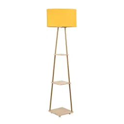 Sanded Edge Yellow Midwest 3 Tier Shelf Storage Floor Lamp in Walnut Color and Black Metal Legs-6
