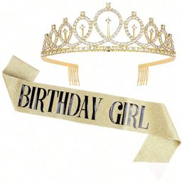 YouBella Women Rhinestone Tiara with 'Birthday Girl' Sash-image-20