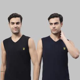 Vimal Jonney Black & Dark Navy Sleeveless Lounge T-Shirt - Pack of 2-image-45