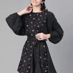 Oxolloxo Black Floral Print A Line Dress-image-80