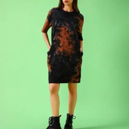 Bewakoof Black & Rust Tie-Dye Oversized T-Shirt Dress-image-0