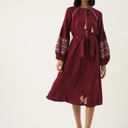 CRAFTED FOR YOU Embroidered Tie-Up Neck Puff Sleeve A-Line Midi Dress-image-8