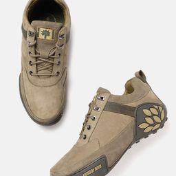 Woodland Men Olive Green Solid Leather Sneakers with Striped Detail-image-48