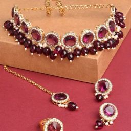 Zaveri Pearls Wine Color Stones Cluster Beads Choker Necklace Earring Maangtikka Ring Set-ZPFK14598-21