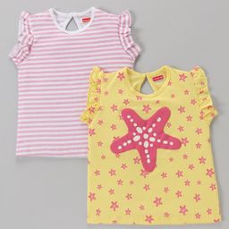 Babyhug Short Sleeves Cotton Striped and Star Graphics Top Pack of 2 - Yellow Peach-image-10