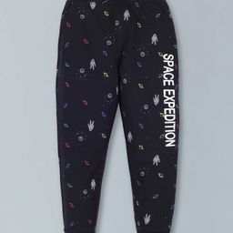 Plum Tree All Over Planet & Astronaut With Space Expedition Text Placement Printed Track Pant - Black-image-3