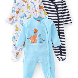 Babyhug Cotton Knit Full Sleeves Dino Printed Footed Sleep Suit Pack of 3 - Muilticolour-image-54