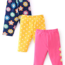 Babyhug Cotton Lycra Three Fourth Length Legging Polka Dot & Floral Print Pack Of 3 - Yellow Blue & Pink-image-59
