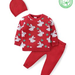 Babyhug Organic Cotton Knit Full Sleeves Sweater Set & Cap with Rabbit Design - Red-image-58