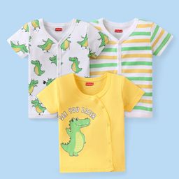 Babyhug 100% Cotton Knit Half Sleeves Front Open Vest Stripes & Croc Print Pack Of 3 - White Yellow & Green-image-36