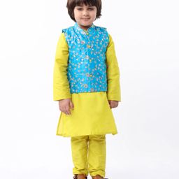 Babyhug Woven Full Sleeves Solid Colour Kurta Pyjama Set with Floral Embroidered Nehru Jacket - Lemon Yellow & Blue-image-75