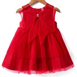 Babyhug Woven Sleeveless Tierred Party Frock with Bow Applique Solid Colour - Red-image-55