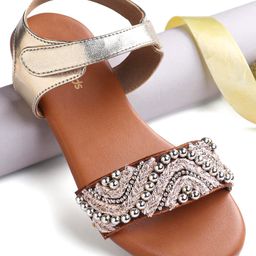 Pine Kids Velcro Closure Sandals With Lace & Beads Design - Golden-image-46