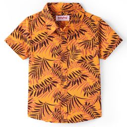 Babyhug Cotton Knit Half Sleeves Regular Collar Shirt Leaves Print- Yellow-image-94