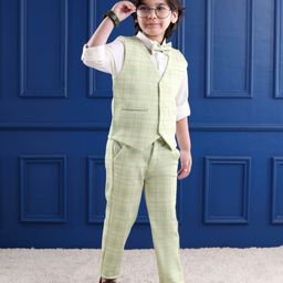 Mark & Mia Cotton Woven Full Sleeves Checkered 3 Piece Party Suit With Bow - Light Green-image-98