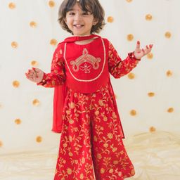 Tiber Taber Cotton Full Sleeves Floral Foil Printed Coordinating Top & Palazzo With Dupatta - Red-image-41